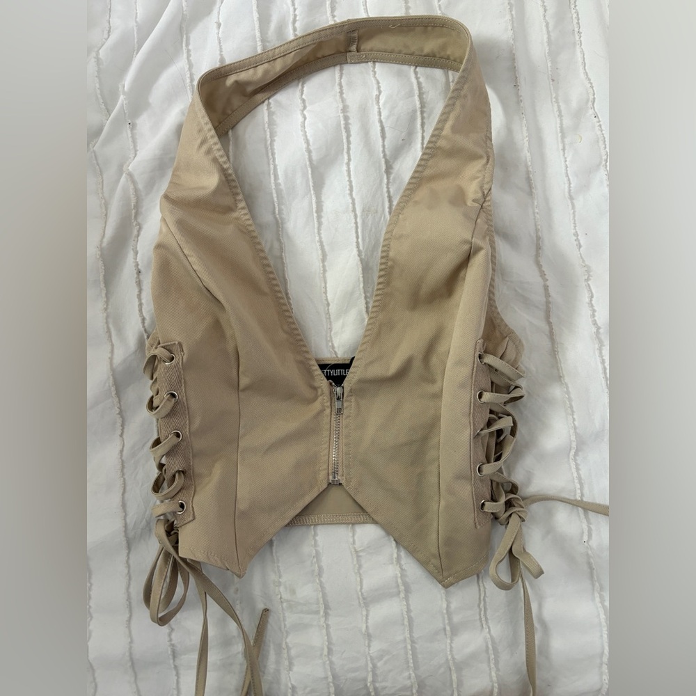 PrettyLittleThing Beige Zip-Up Top